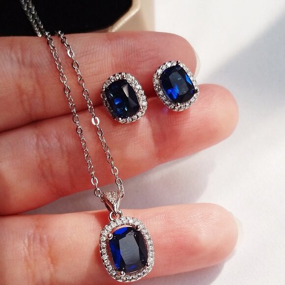 New 925 Silver Sterling Blue CZ Rectangle Stones Rhodium Plated Set - Picture 7 of 8